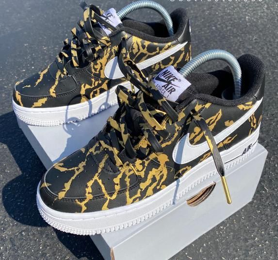 Air Force 1 Hand Painted Black & Gold Marble B20