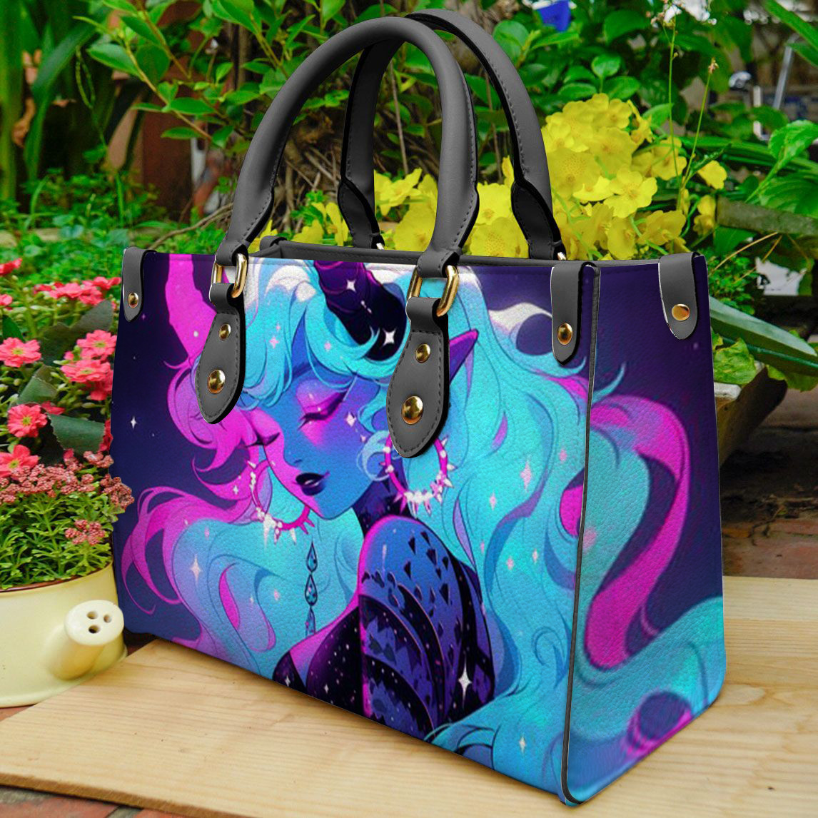 Pink and Blue Moonlit Demon Halloween Anime Girl Hand Leather Bag B21